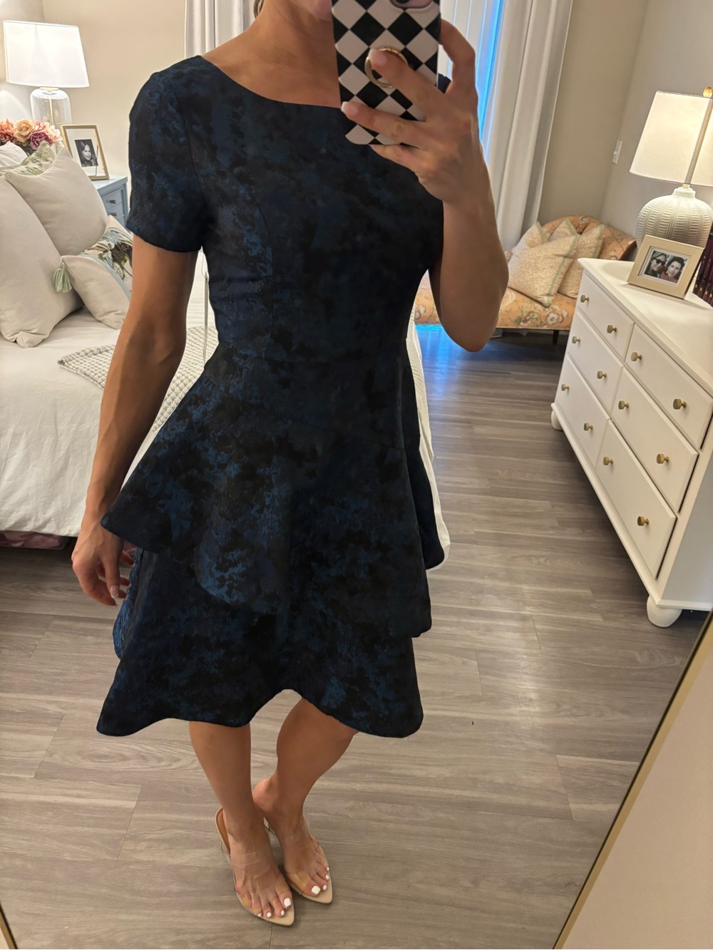 👗 SHANI COLLECTION Asymmetric Tiered Jacquard Dress — Blue
